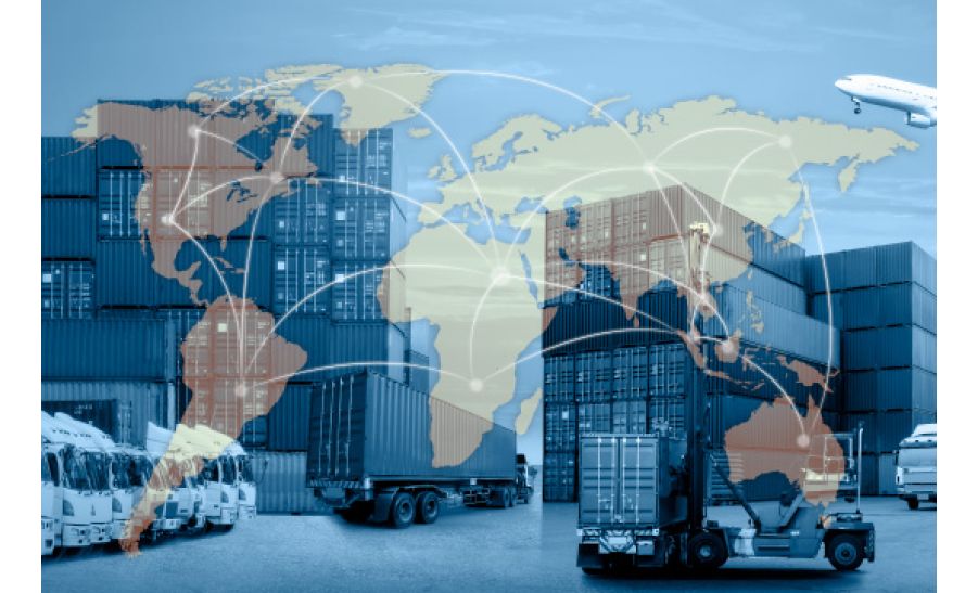 A world map featuring cargo trucks and planes, symbolizing global transportation and trade networks